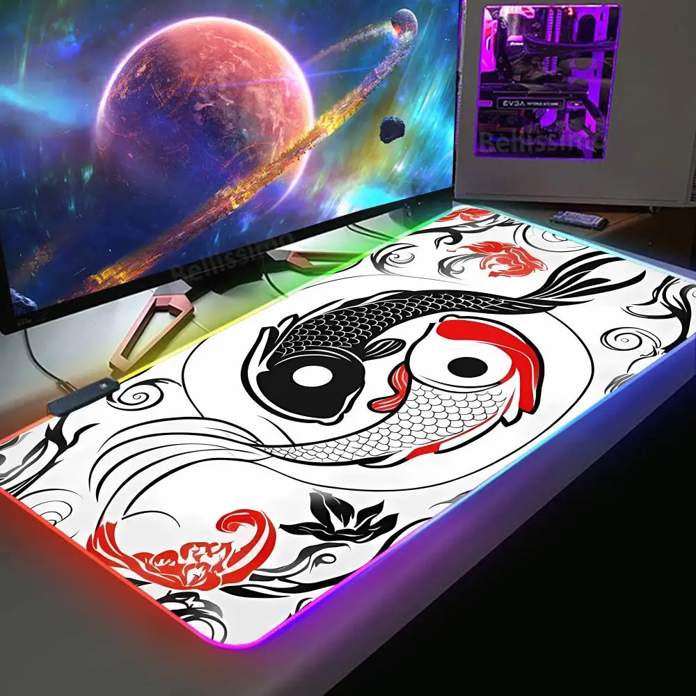 RGB Mouse Pad Yin and Yang Fish Blue Mousepad Non-Slip Rubber Edge Locking Game Play Mats Notebook Computer Home Decor Fashion