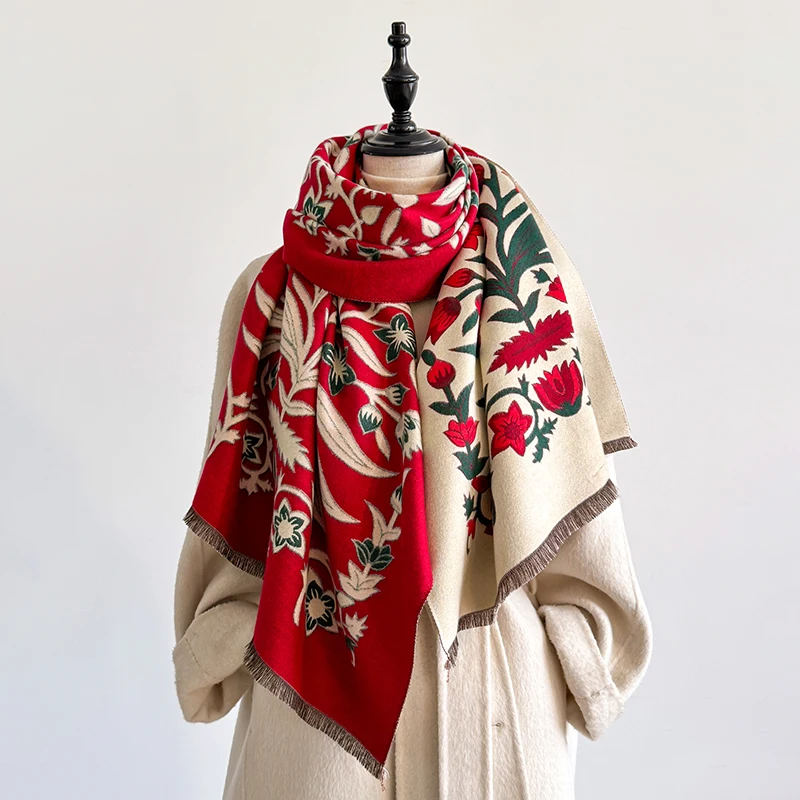 2025, Luxusmarke Damen-Winterschal aus Kaschmir – Pashmina-Schal mit Blumenmuster, Quasten, Bandana und Poncho – Detail 15