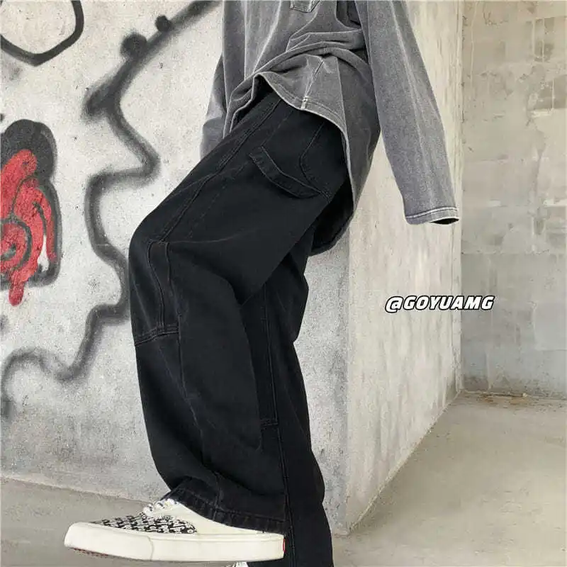 

Cargo Jeans Men's Straight Wide Leg Pants High Street Casual Pants Autumn Loose Jeans Trousers Patchwork Jeans Men Denim Jeans