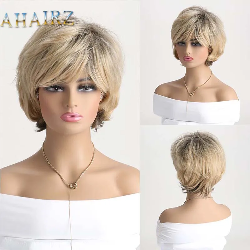 Short Blonde Hair Synthetic Wigs Wave Layered Hair With Fluffy Bangs Pixie Cut Wigs For Women Heat Resistant Fiber Wigs