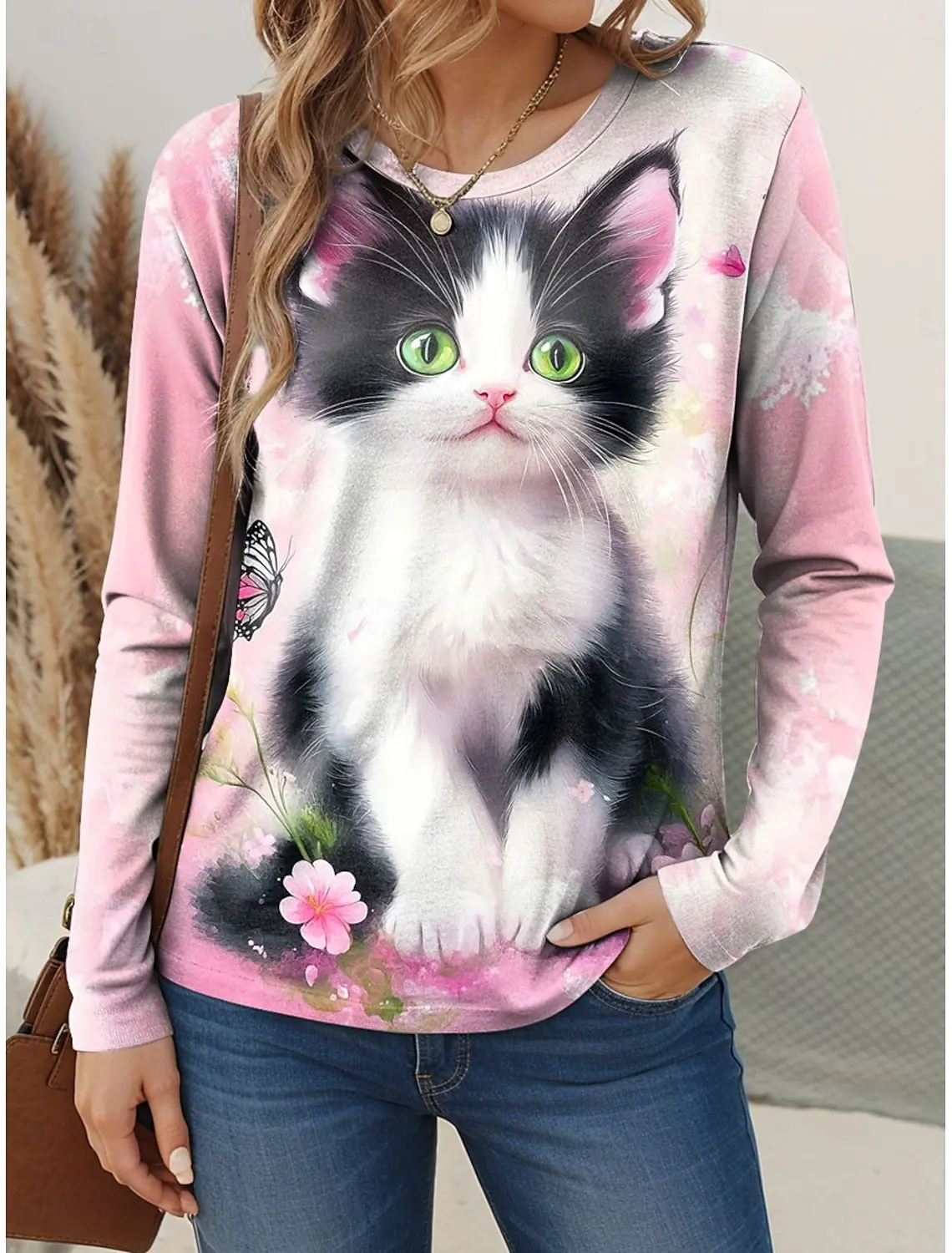 

2025 Women's T-Shirts Floral Graphic Cat Tees Fashion Stylish Long Sleeve T-shirts Crew Neck Regular Tops Summer Casual Pullover