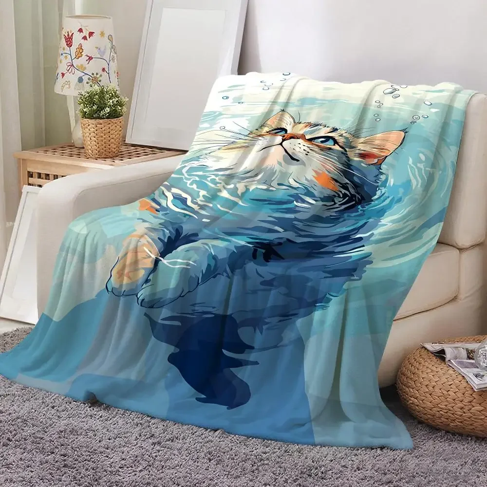 Cute Underwater Cat Portrait Throw Blanket Cozy Plush Pet Lover Gift for Couch Decor dorm room essential blanket