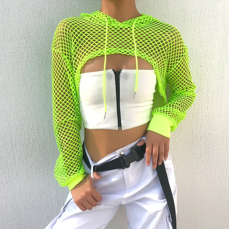 Hot Women T Shirt Casual Vest Bra Cover Fish Net Hollow Out Drawstring Micro Length Hoodie Crop Tanks Top Women T Shirt