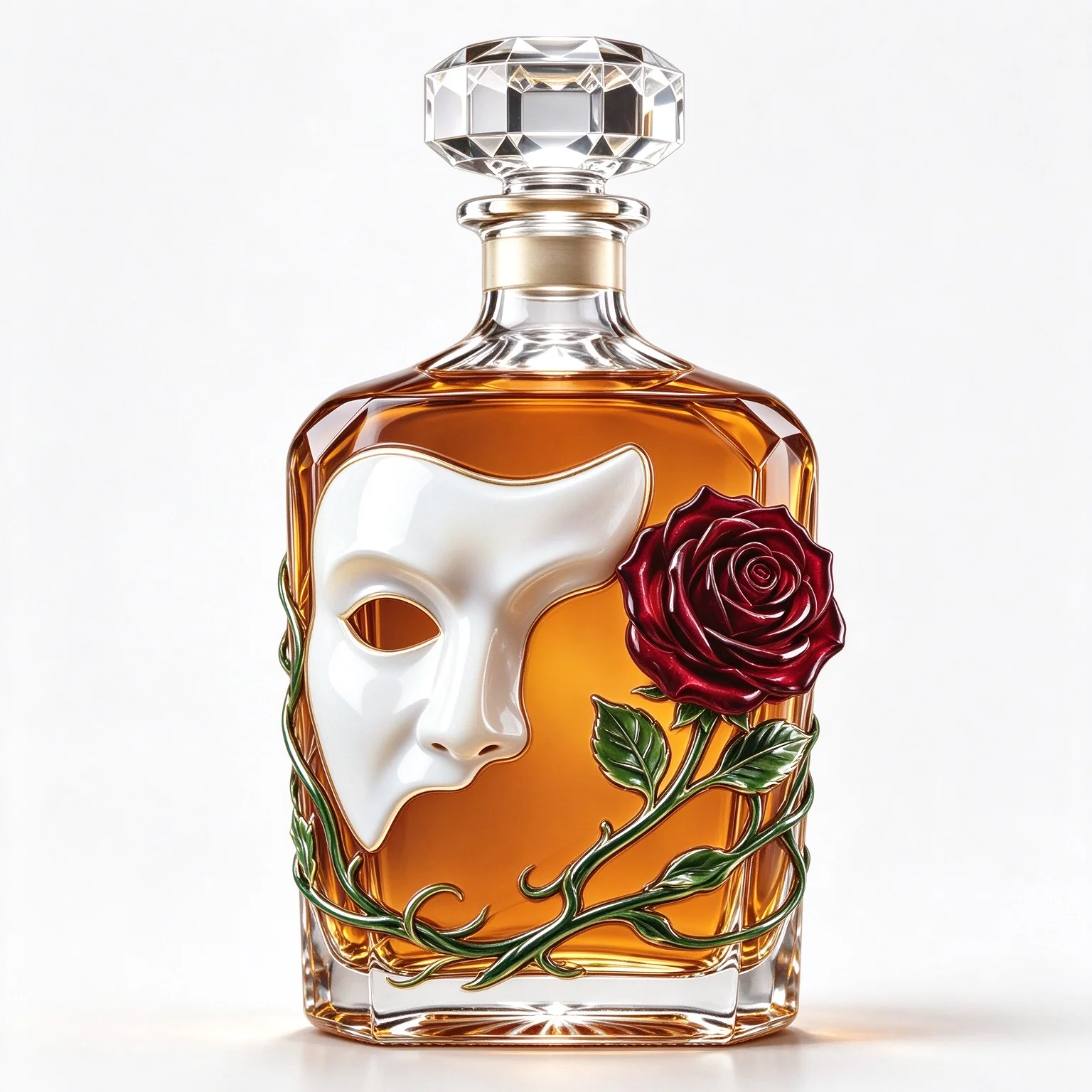 Crystal Carafe Art Glass Liquor Decanter with 3D Mask Rose Embellishment Heavy Base for Home Bar Theater Style Collection