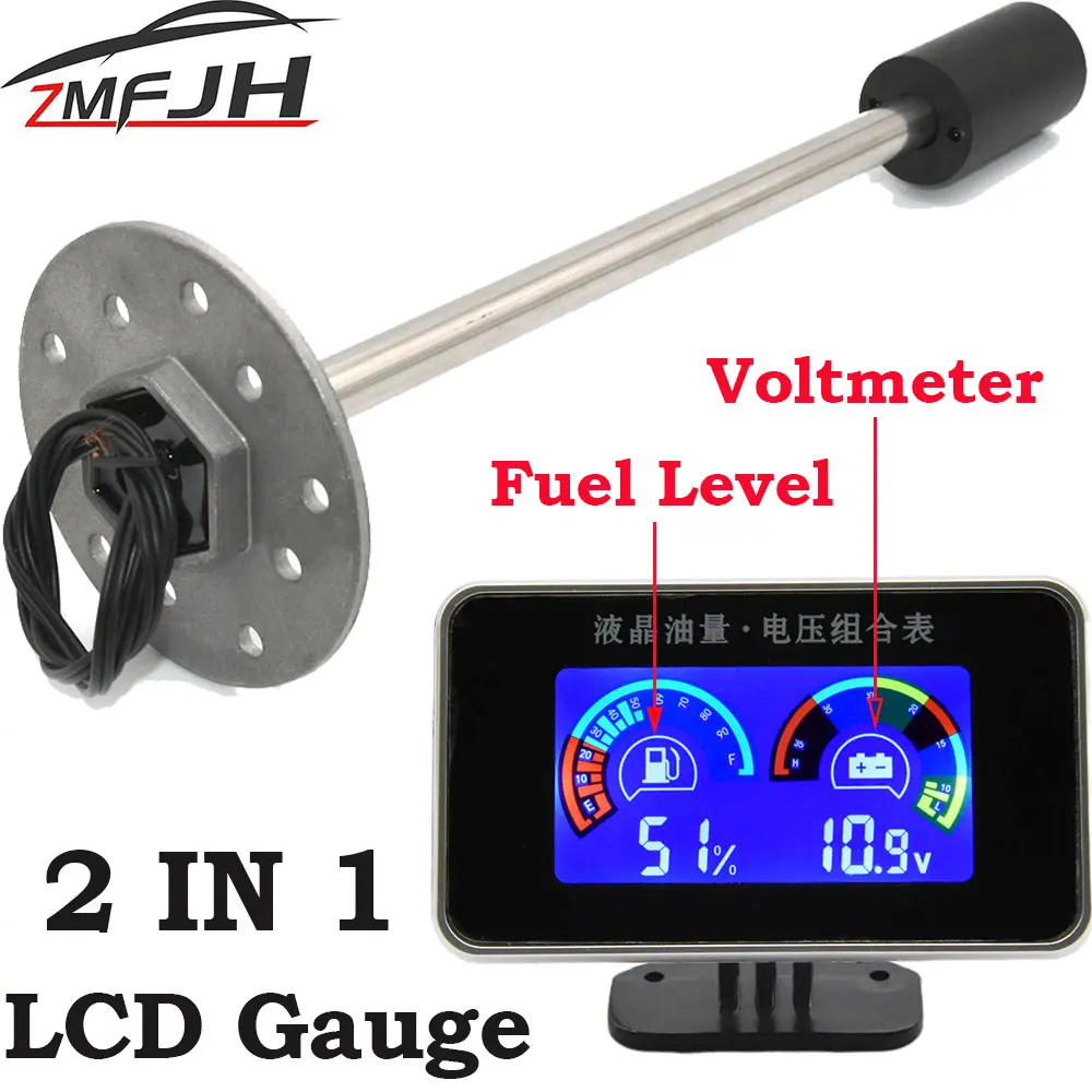 DC 12V/24V Vehicle Car LCD Fuel Level Gauge Voltmeter 2 IN 1 Truck Digital Alarm Gauge with Fuel Level Sensor 250-580 mm Length