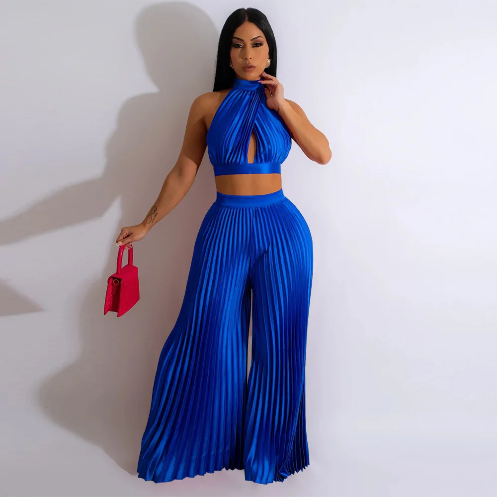 

Wide Leg Pant 2 Piece Outfit Women Pleated Sleeveless Hollow Out Top Loose Fit Palazzo Pant Suit 2 Piece Set