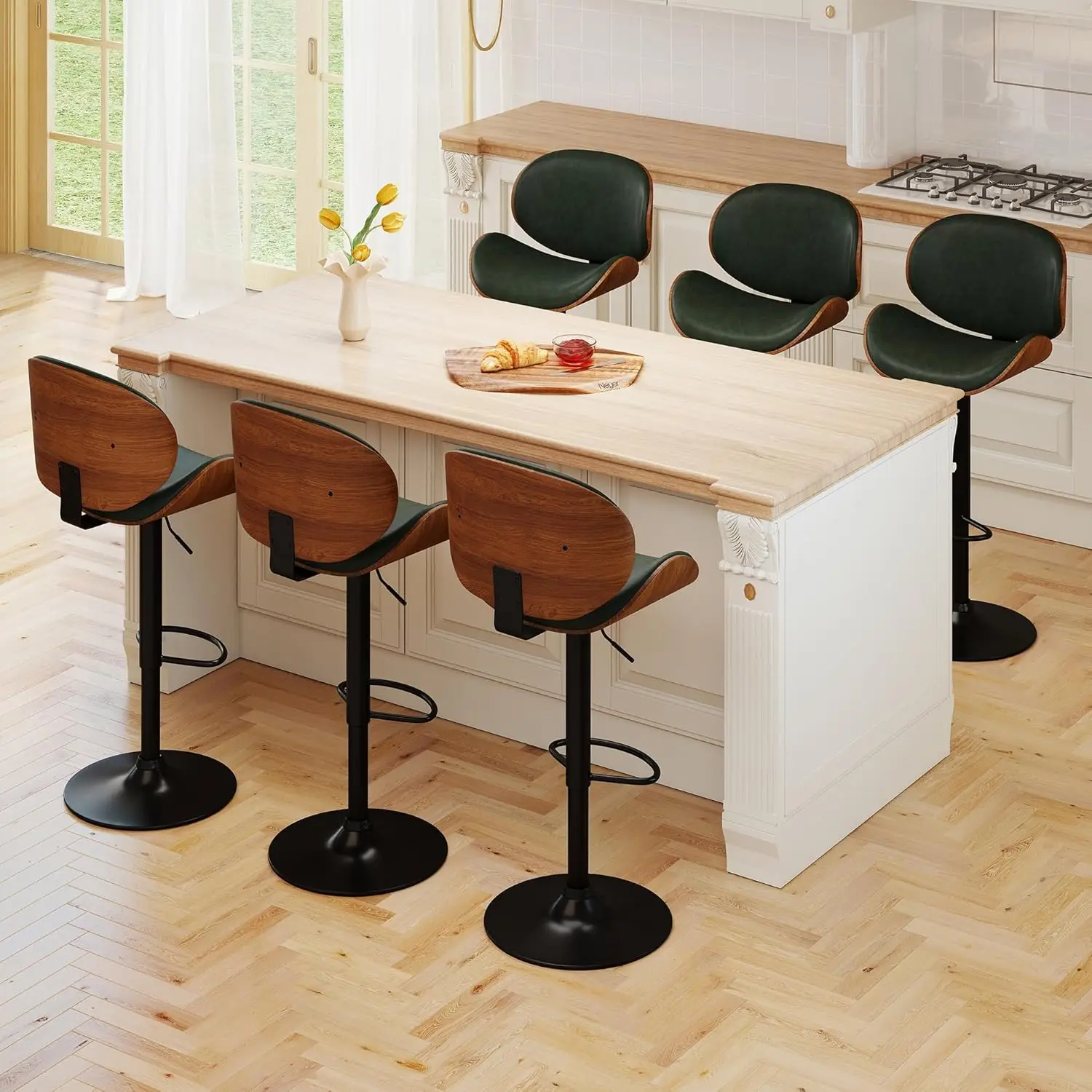 

Swivel Bar Stools Set Of 6 PU Leather Counter Height Chairs Back Footrest Adjustable Bentwood Kitchen Dining Green Customized