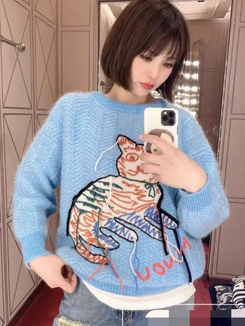 

Miiiix 2024 Early Spring New Blue Embroidered Retro Hoodie Women's Round Neck Mohair Knitted Sweater Top Female Clothing