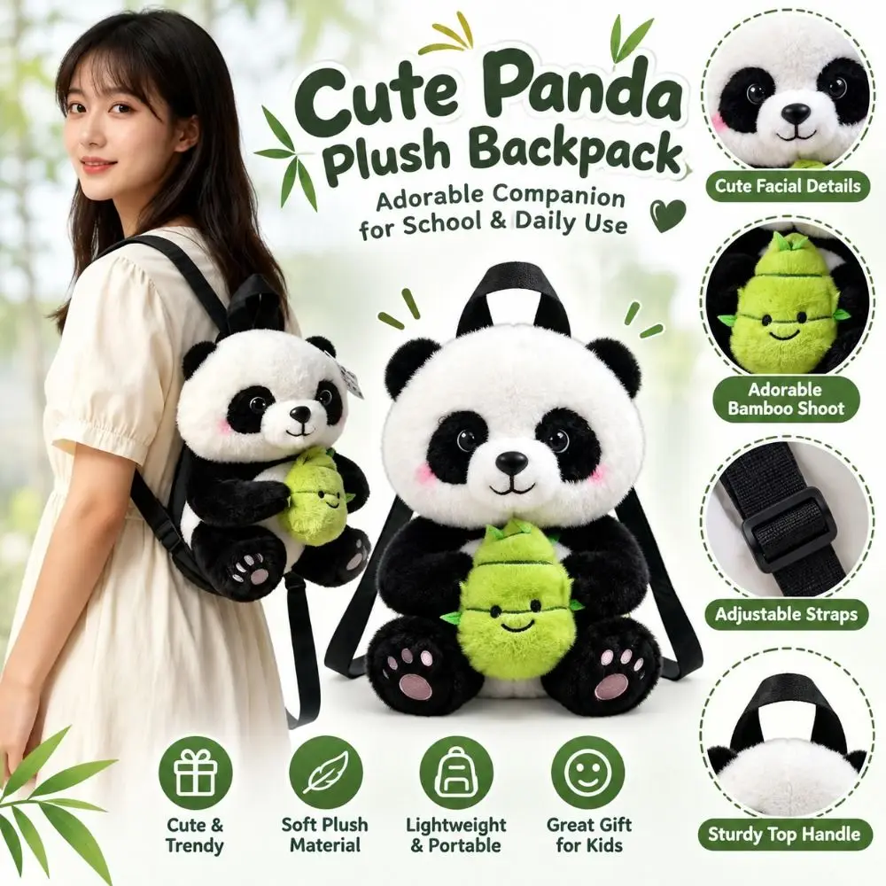 Gifts Soft Panda Backpack with Bamboo Shoot Adjustable Cartoon Animal Backpack Cartoon Cute Doll Backpack School Use
