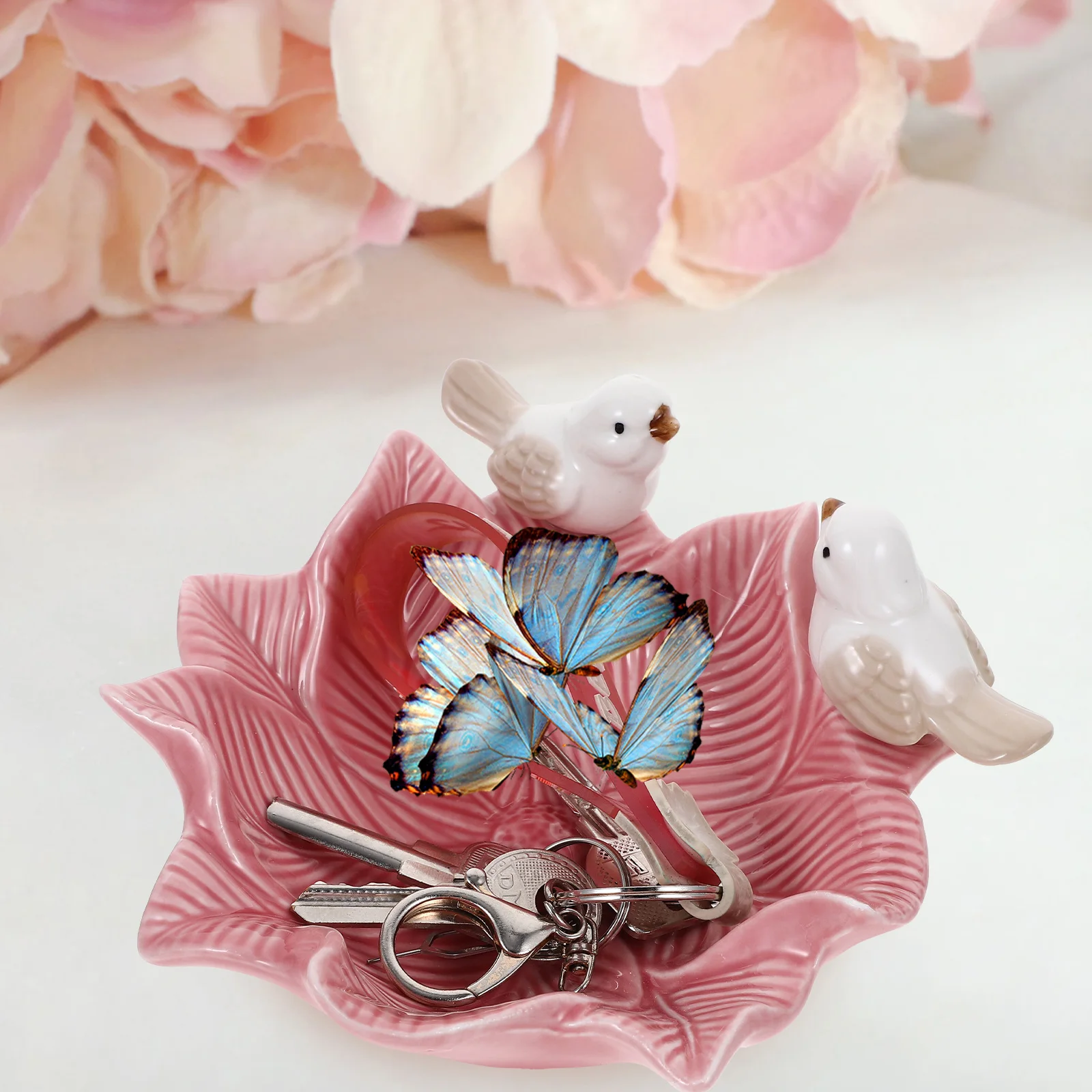 

Flower Bird Ceramic Jewelry Tray Artistic Trinket Dish Decorative Ring Holder Home Jewelry Organizer Ring Holder