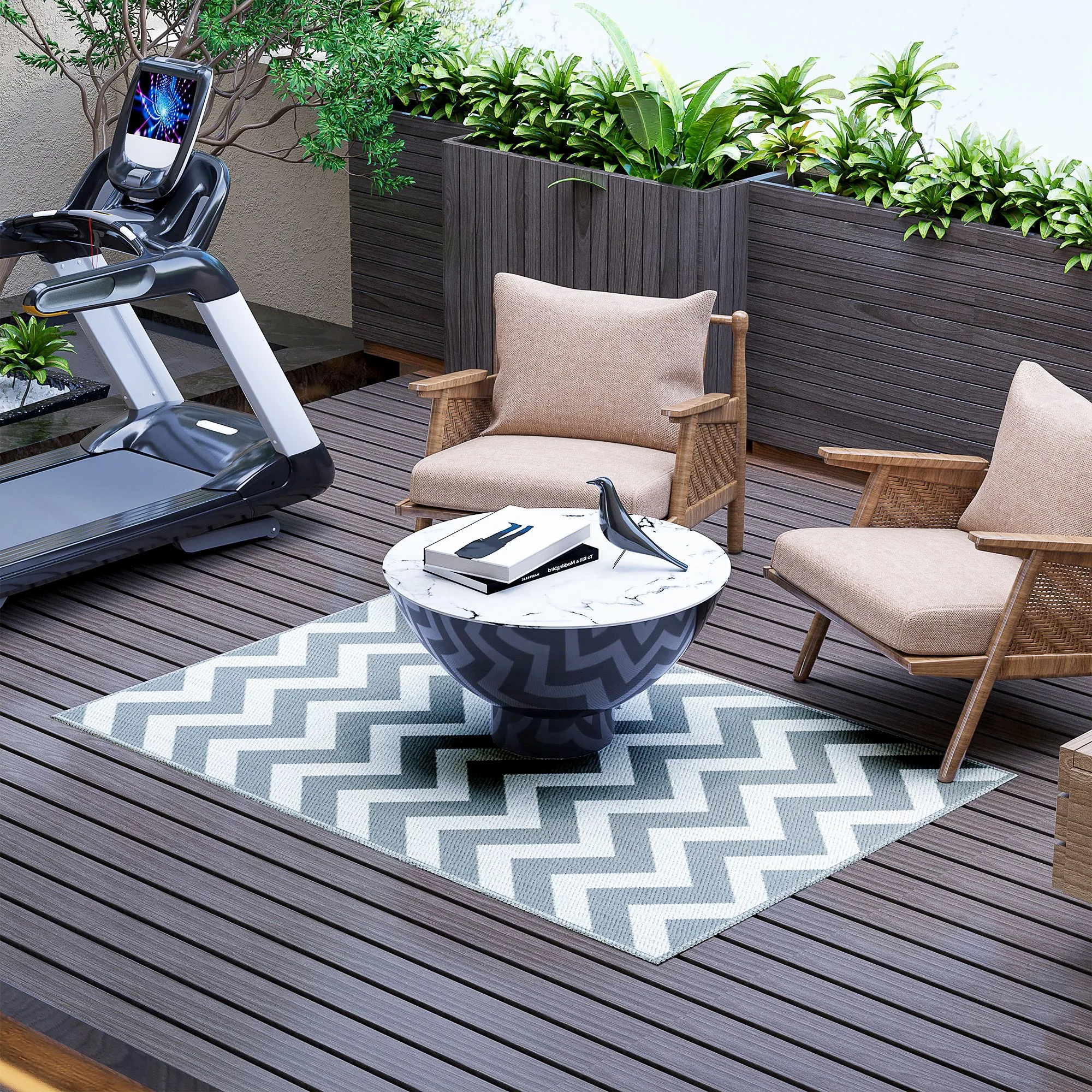 Outsunny Outdoor Rug, waterproof, double-sided design, high-quality synthetic fiber, light grey+white, 121 x 182 cm