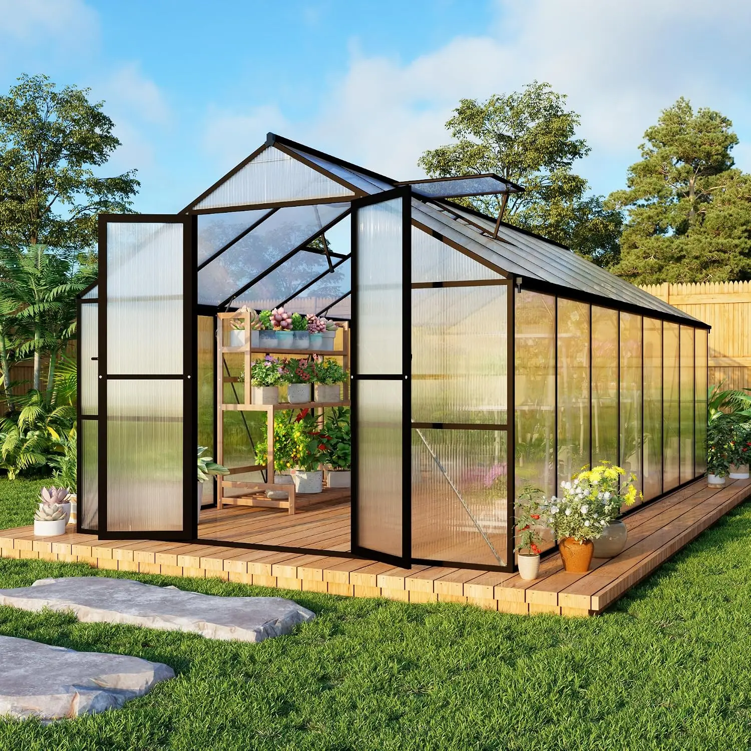 8x10FT Walk-In Polycarbonate Greenhouse, Quick Setup Outdoor Garden Green House with Roof Vent and Rain Gutter
