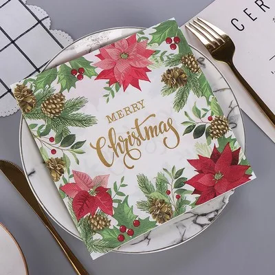 Christmas Decoration Colourful Tissue Paper Company Party Original Wood Pulp Flower Printed Napkin Square Facial Tissue Paper