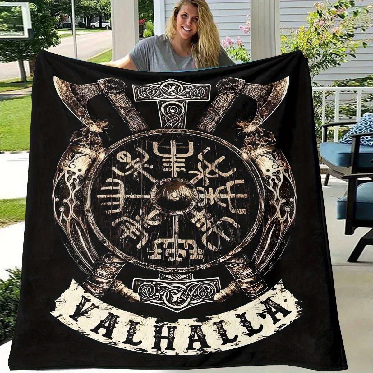Valhalla Emblem Flannel Blanket Bohemian Norse Mythology Design, Soft Warm All Seasons for Camping Sofa Bed Office Home Decor