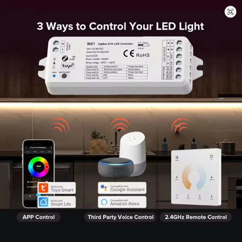 WT1 Tuya Wifi Led CCT Controller DC12V 24V 2CH*5A WW CW 2.4G RF 4-zone Remote Dimmer Switch Smart Life Voice Control For Alexa