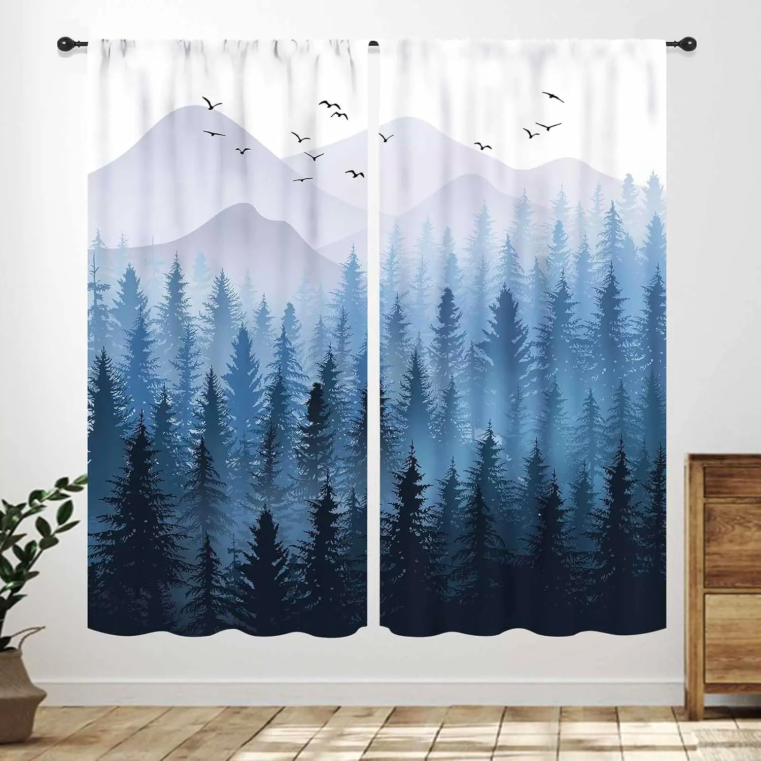 Aesthetic Forest Mountain Landscape Curtains Blue Tones Nature Wall Art Bedroom Window Decor Panel Living Room Sleep Boho Vertic