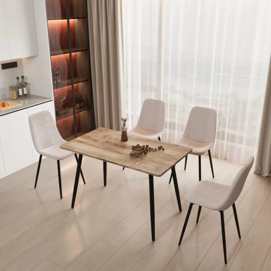 Modern minimalist MDF wood color desktop and Beige dining chairs for 4 black metal legs small sized dining table computer desk