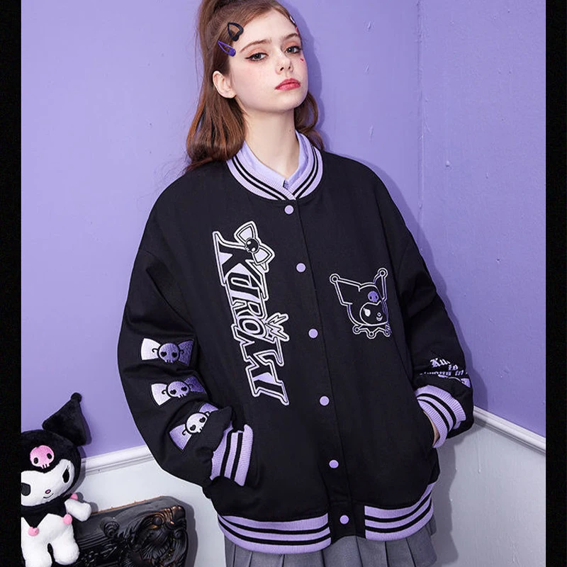 

Kawaii Sanrio Kuromi Girl Coat Cartoon Boys Girls Embroidery Jacket Top Sweatshirt Girl Leisure Coat Baseball Uniform Clothing