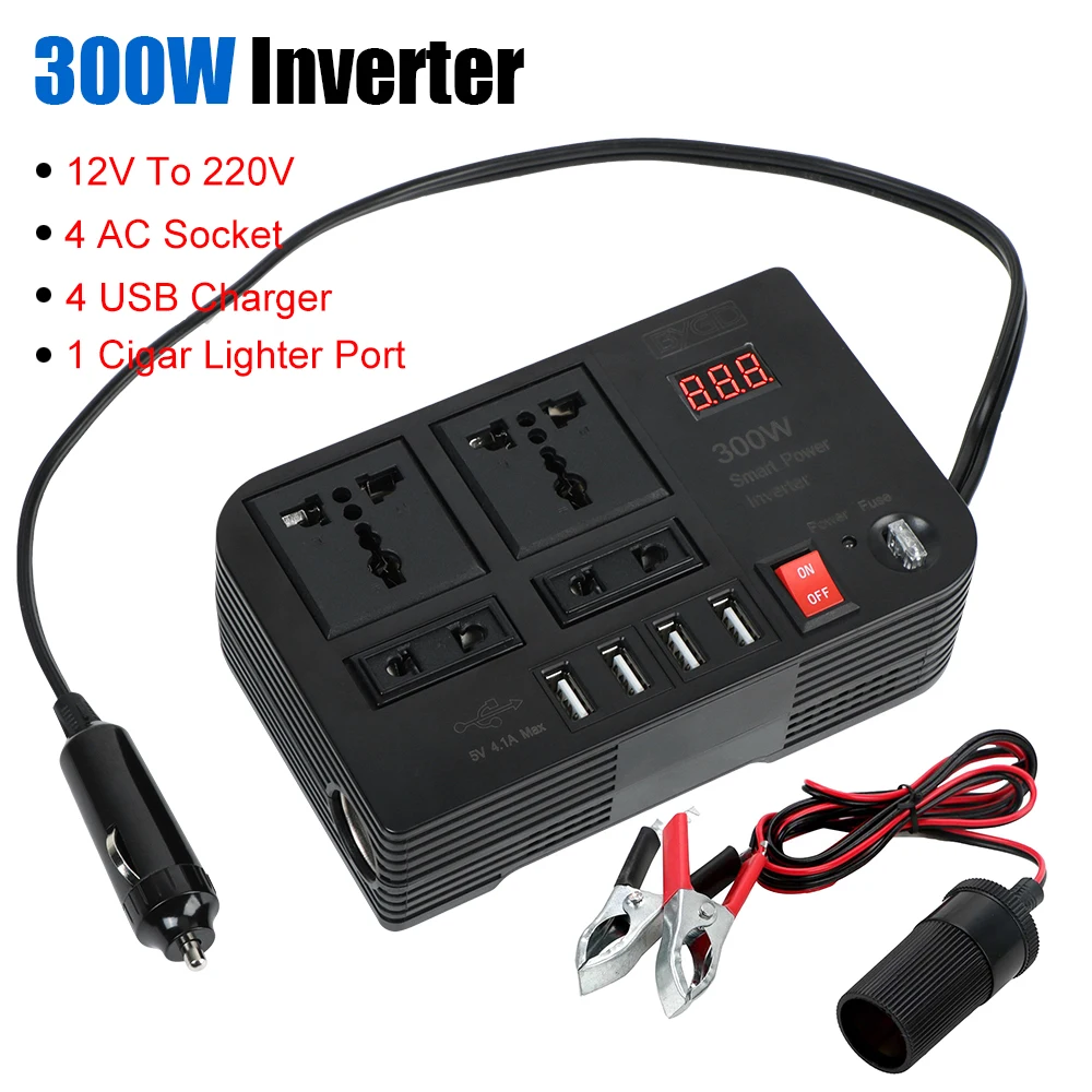 

Инвертор постоянного тока 12 В в переменный ток 220 В, преобразователь аккумулятора, удлинитель кабеля, розетки переменного тока, USB-зарядные устройства с переключателем, предохранитель, автомобильный инвертор, 300 Вт