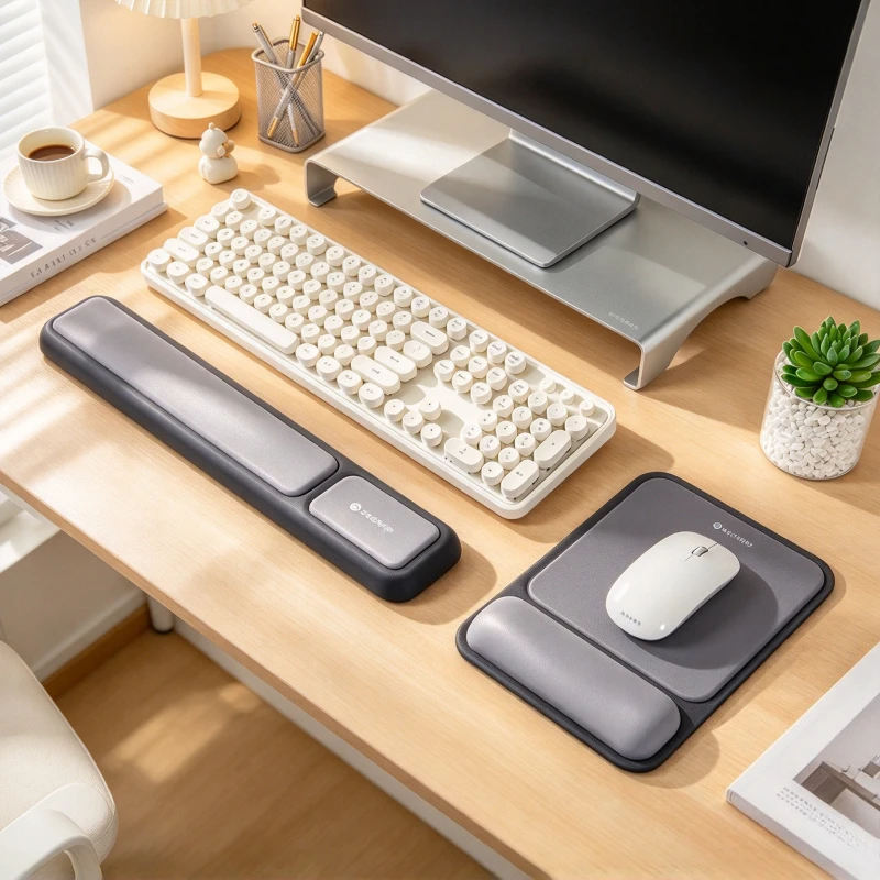 Ergonomic Keyboard Wrist Rest and Mouse Pad Set with Soft Black Silicone Cushions Non Slip Base for Comfortable Office Typing