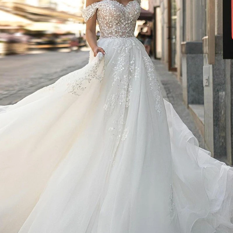 Gorgeous Women's Wedding Dresses Lace Applique A-Line Elegant Off-Shoulder Tulle Sweetcheart Princess Bride Gowns Formal Party