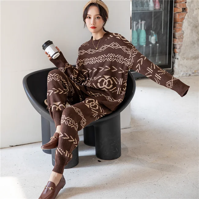 

New fashion 2021 autumn and winter loose knitted trousers thick sweater women's two-piece suit