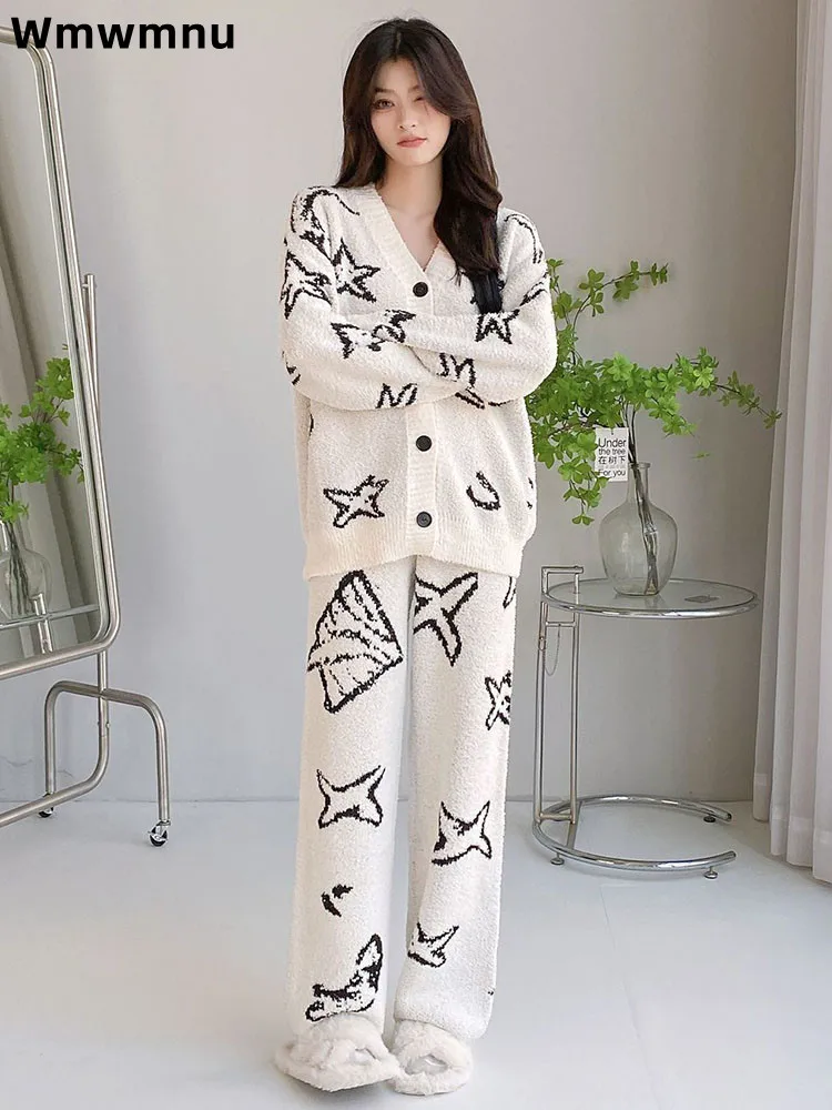 

Женская повседневная одежда для сна, комплект из 2 предметов, модные теплые мешковатые брюки Conjuntos, свободный мягкий свитер, кардиган, ансамбли с v-образным вырезом