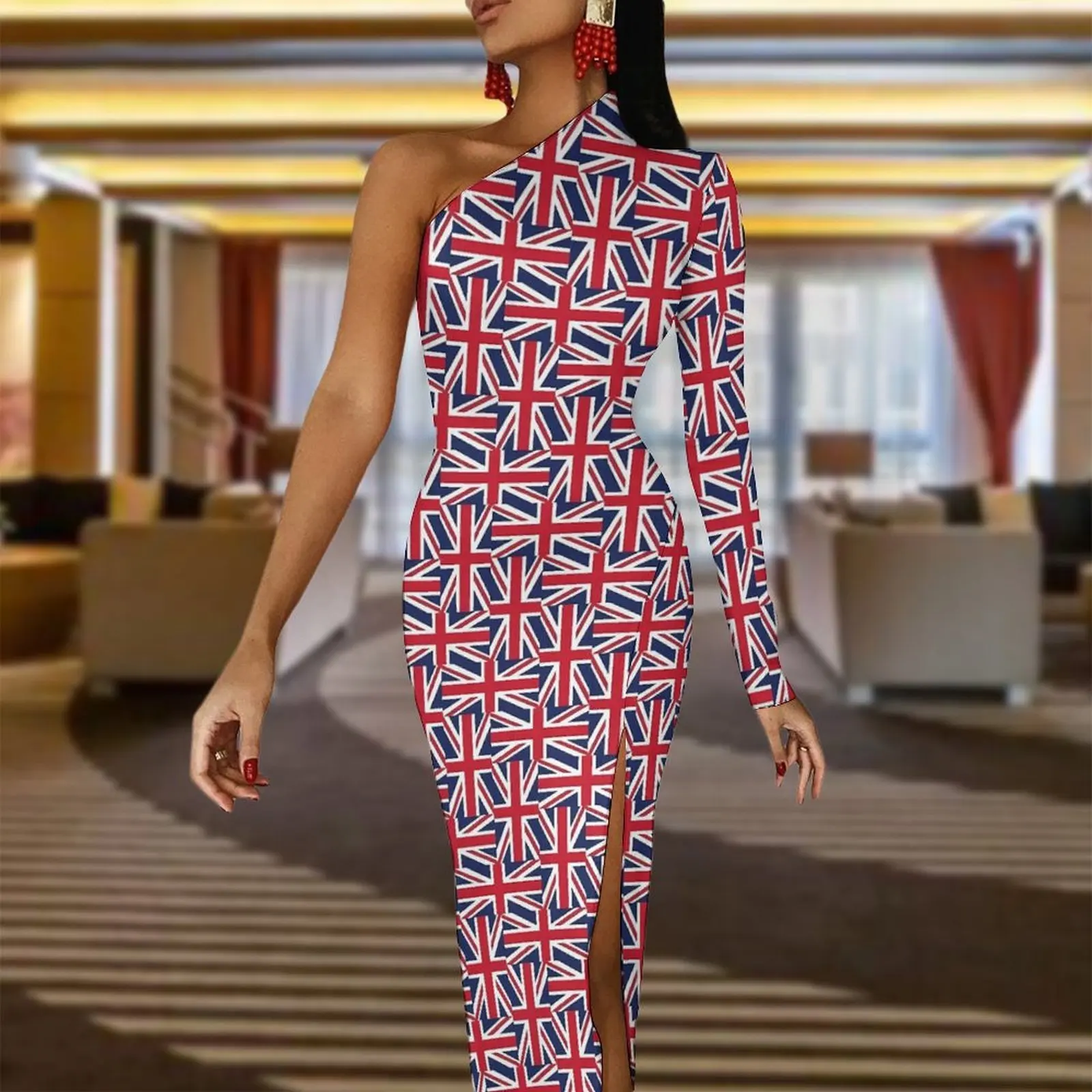 British Flag Bodycon Dress Autumn Red And Blue Trendy High Slit Long Dresses One Shoulder Custom Aesthetic Dress