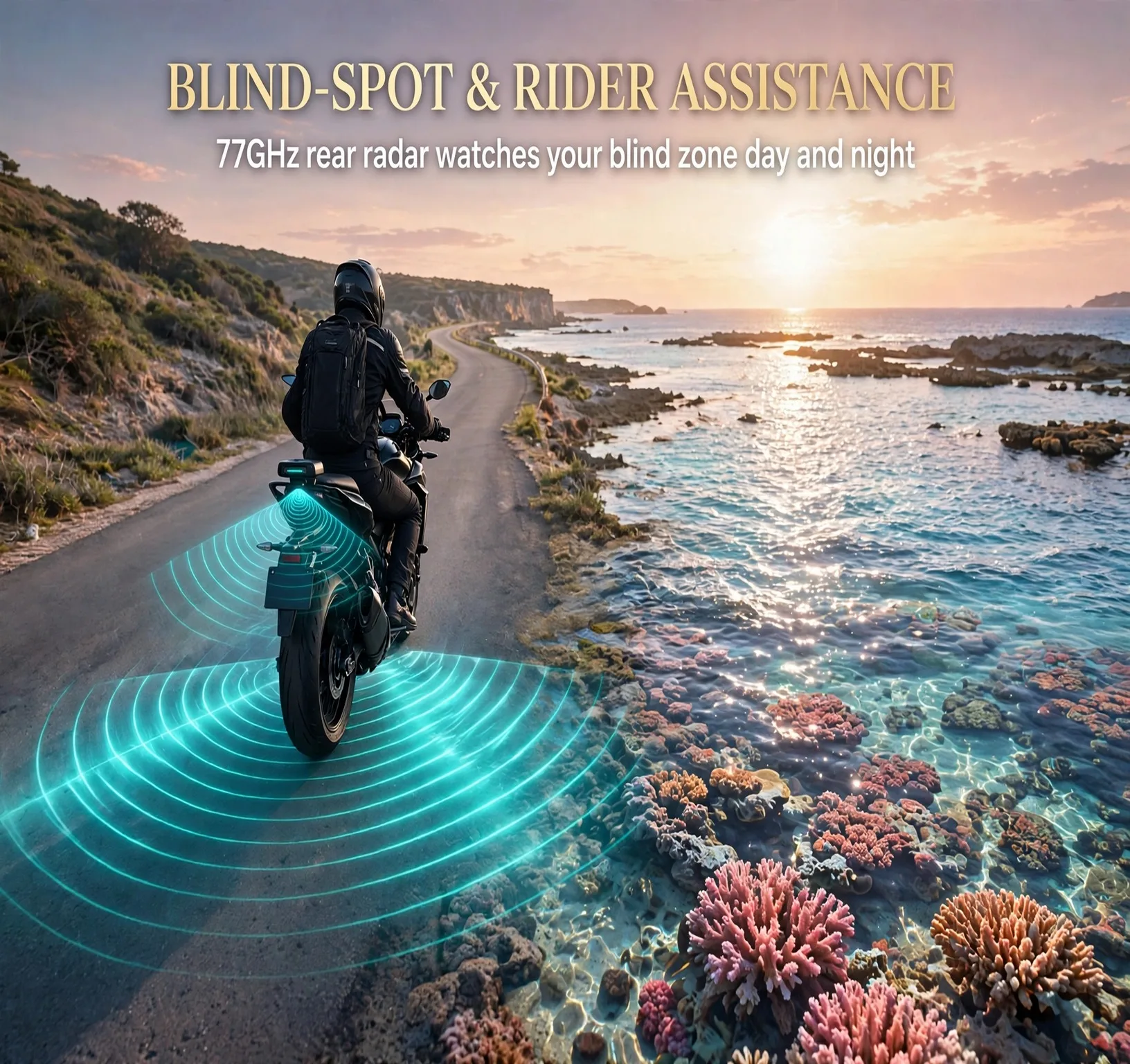 Motorcycle Rear-Guard Radar System [Coral Dawn] – 77GHz Blind Spot Monitoring, Mirrored LED Pair, TTC≤5s Warning, All-Weather IP