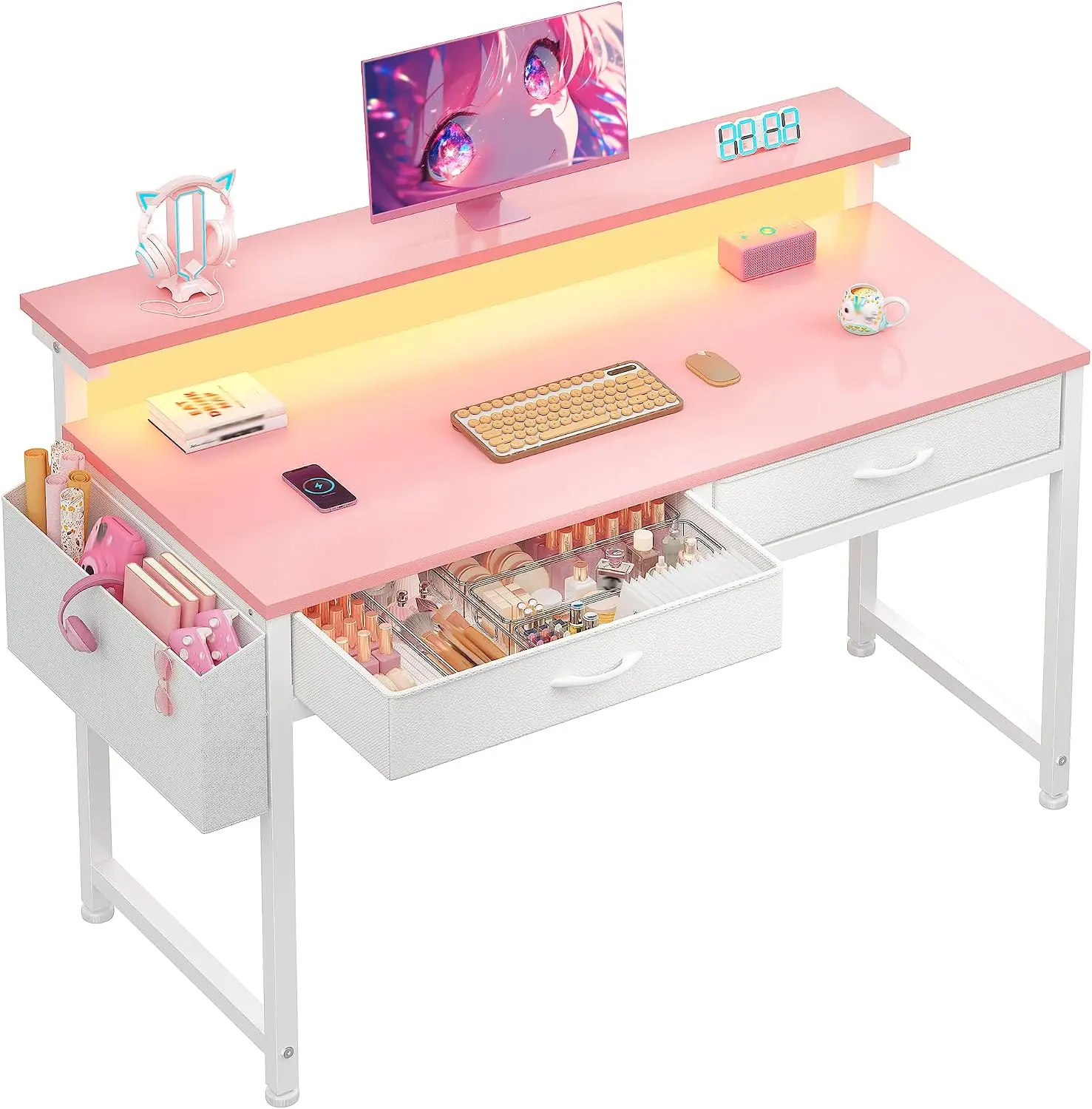 DurayLoly 39.4” Office Computer Desk with LED Lights&2 Fabric Drawers,Pink