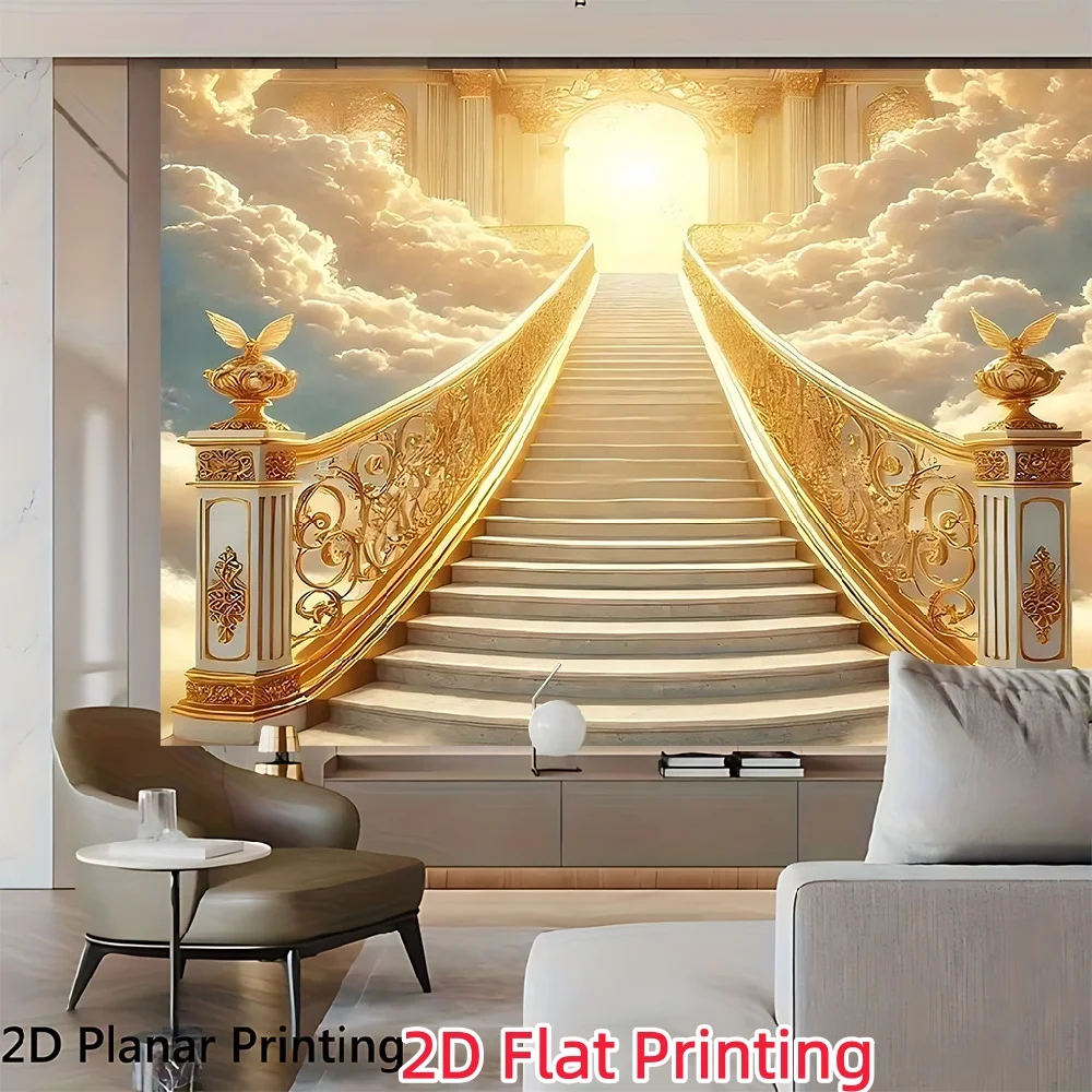 Luxurious Golden Staircase Tapestry Wall Art Cloud Sky Entrance Pathway Design Divine Grand Heavenly Stairway Home Decor Hanging