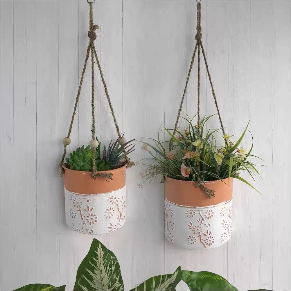 Vintage Embossed Floral Pattern Red Pottery Imitation Metal Wall Hanging Flower Pots, A Set