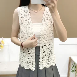 Boho Crochet Knit Vest for Women Cover Up Floral Embroidery Sleeveless Open Front Cardigan Tops Summer Vacation Outfit