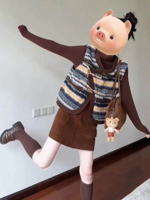 

Ретро-комплект из трех предметов: вязаный топ-жилет в стиле колор-блок с полосками, укороченная рубашка и юбка-полусолнце для женщин, весенний, маленький размер, удобный и модный