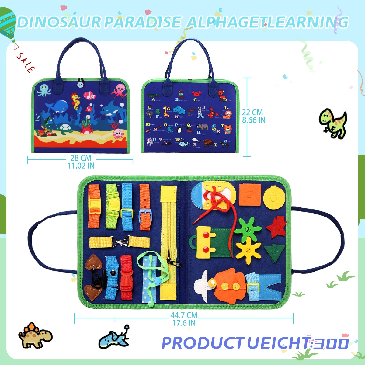 Ocean Themed Felt Busy Board, Portable Quiet Activity Book with Life Skills, Alphabet, Solar System & Clock Learning, Educational Sensory Toy with Buckles, Zippers & Laces for Travel