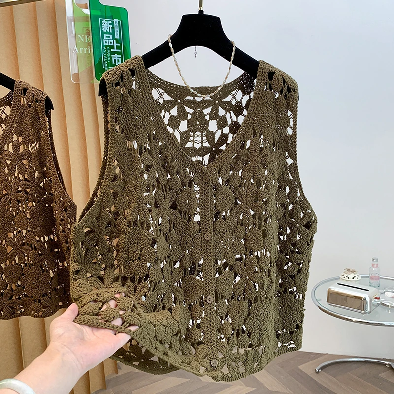 Retro Artistic Style Women's Knitted Vest V-Neck Hook Flower Hollow out Design Autumn Outerwear Cardigan Casual Breathable Co...