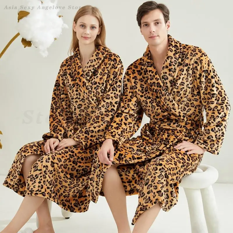 Couple Leopard Print Bath Robe Nightgown New Flannel Kimono Sleepwear Autumn Winter Lapel Home Wear Pajamas Loungewear Nightwear