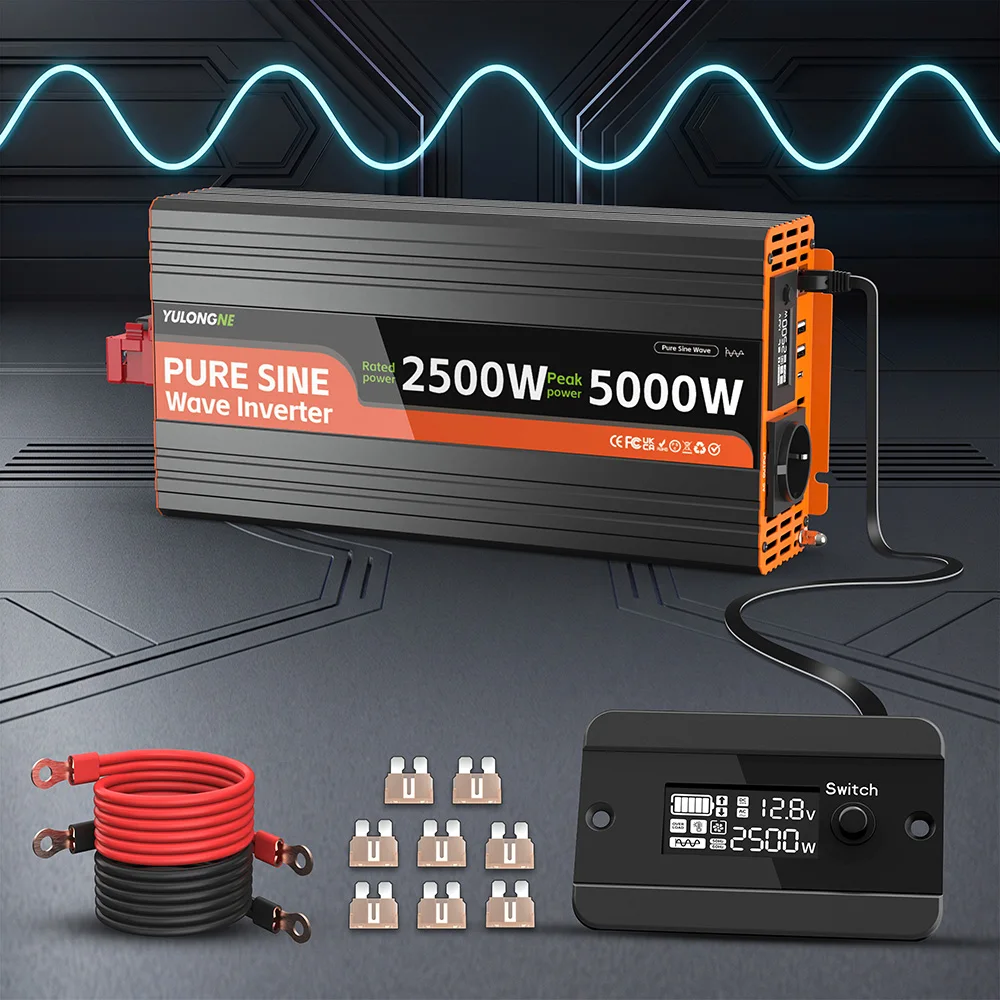 YULONGNE Pure Sine Wave Inverter DC12V Peak 5000W to AC230V EU Socket Converter with Remote LCD Display for RV Camper Solar Emer