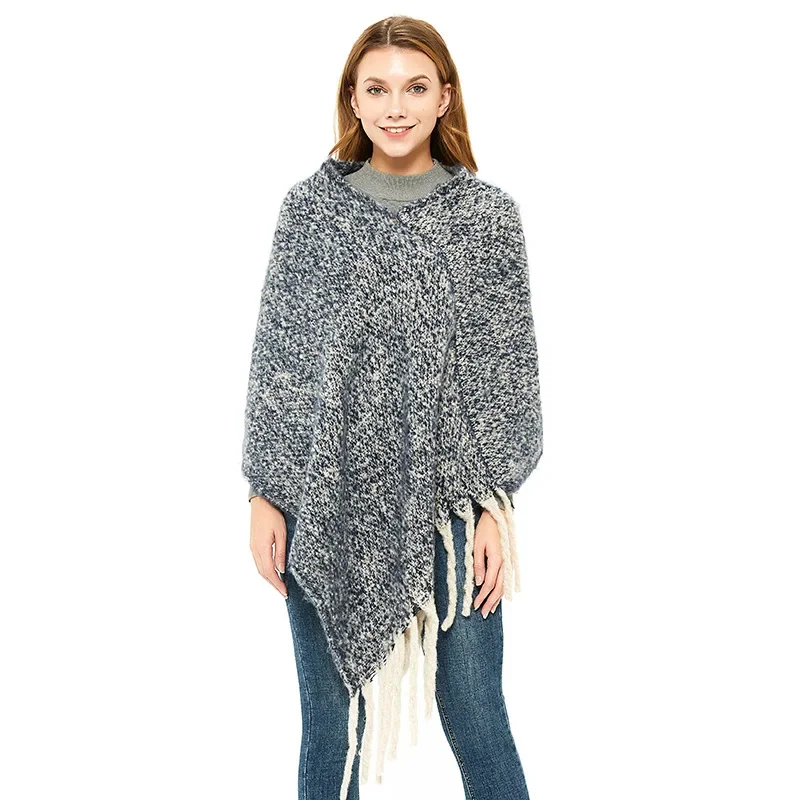 European American Style Loop Yarn Fried Dough Twist Braid Thick Long Tassel Autumn Winter Thickened Plaid Cape Poncho Capes