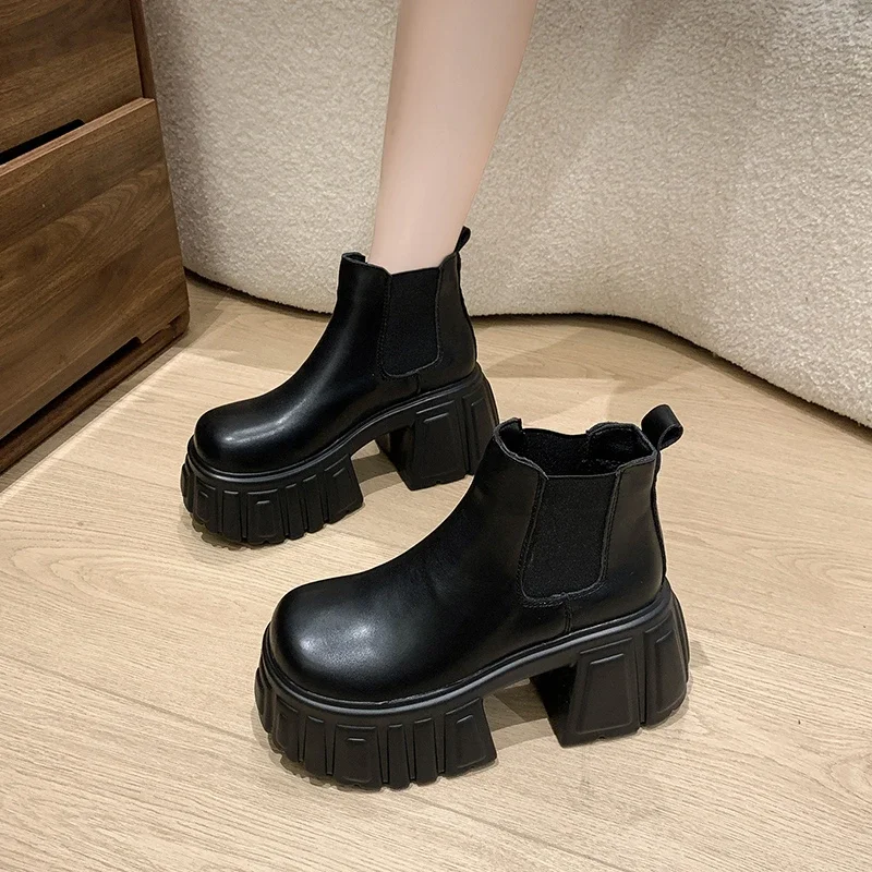 Bottes de rinçage épaisses en cuir pour femmes, bottillons de moto coordonnants, bottes à plateforme haute, optique astronomique, talons de 9cm, automne et hiver 2025