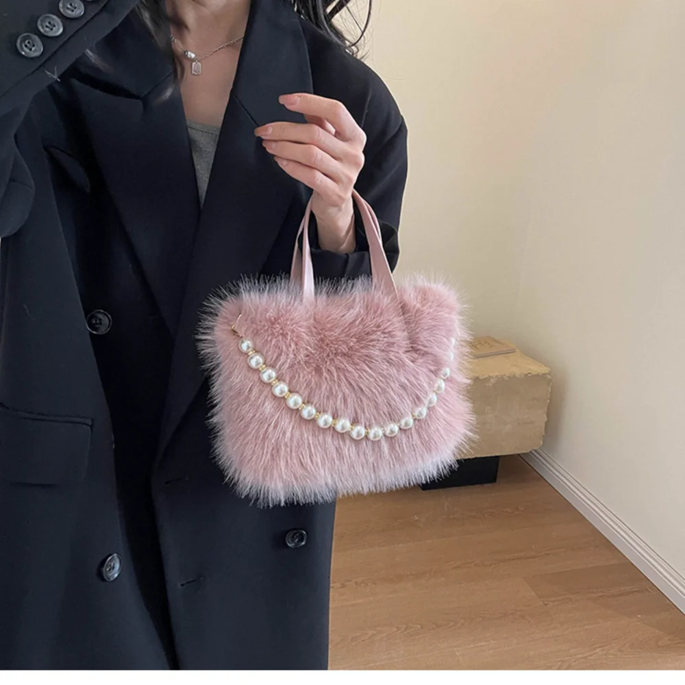 New Hairy Handbag Pearl Chain Plush Small Square Bag Women Fashion Elegant Shoulder Crossbody Bag Autumn Winter Versatile Totes