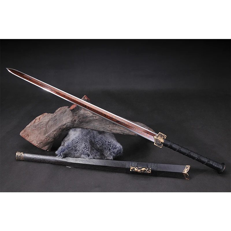 Han Jian-Chinese Sword,Chinese Jian, Straight Folded Steel Blade with Red Lines, Martial Art, House Decorative, Full Tang Sharp