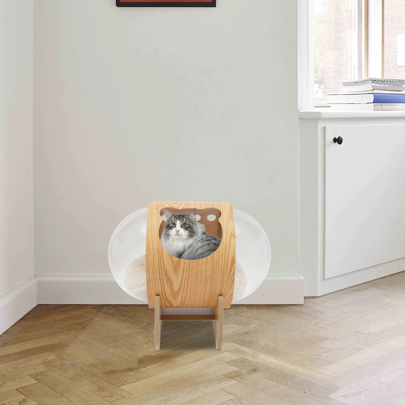 Cat Wooden Space Capsule with Cushion, Modern Pet Bed, House, Spaceship