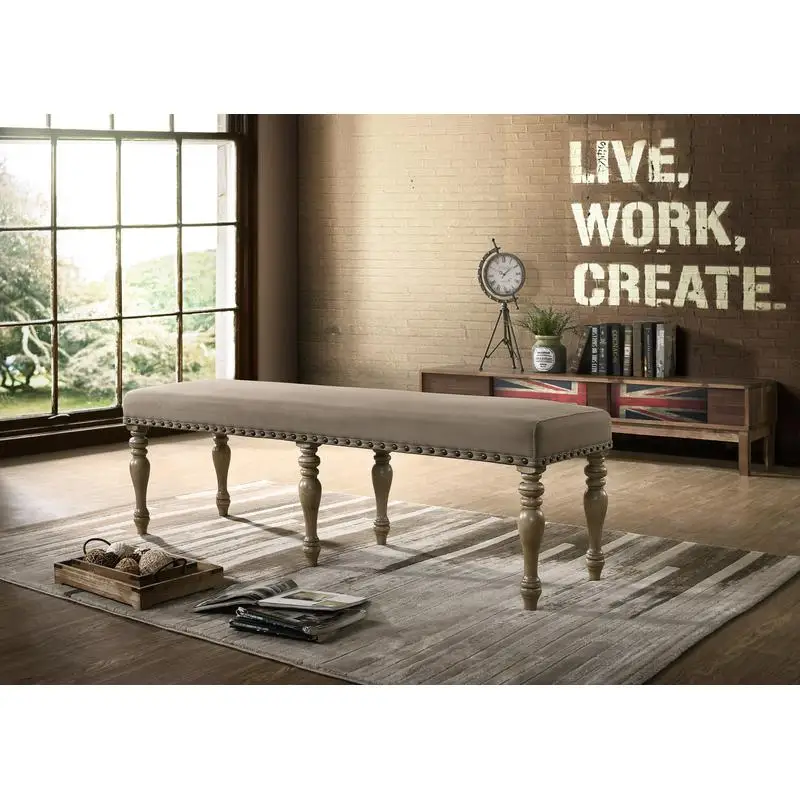 

Driftwood Finish Microfiber Upholstered Bench with Nailhead Trim - Perfect for Living Room or Entryway Storage
