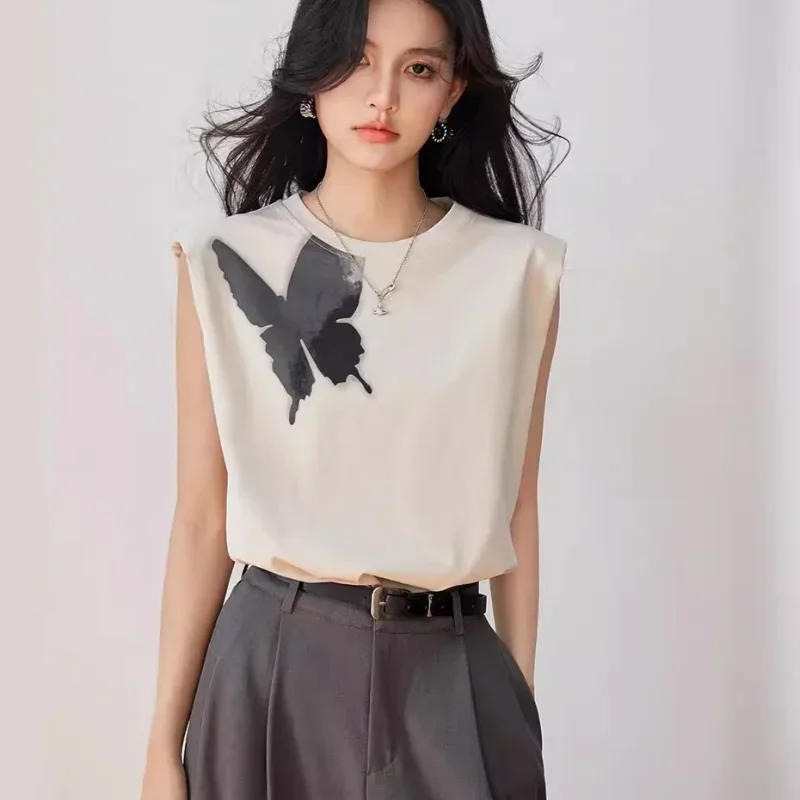 

Classical Temperament Printed Butterfly Silhouette Cotton T-shirt Vest Women's Top Elegant Niche Design Summer Fashion
