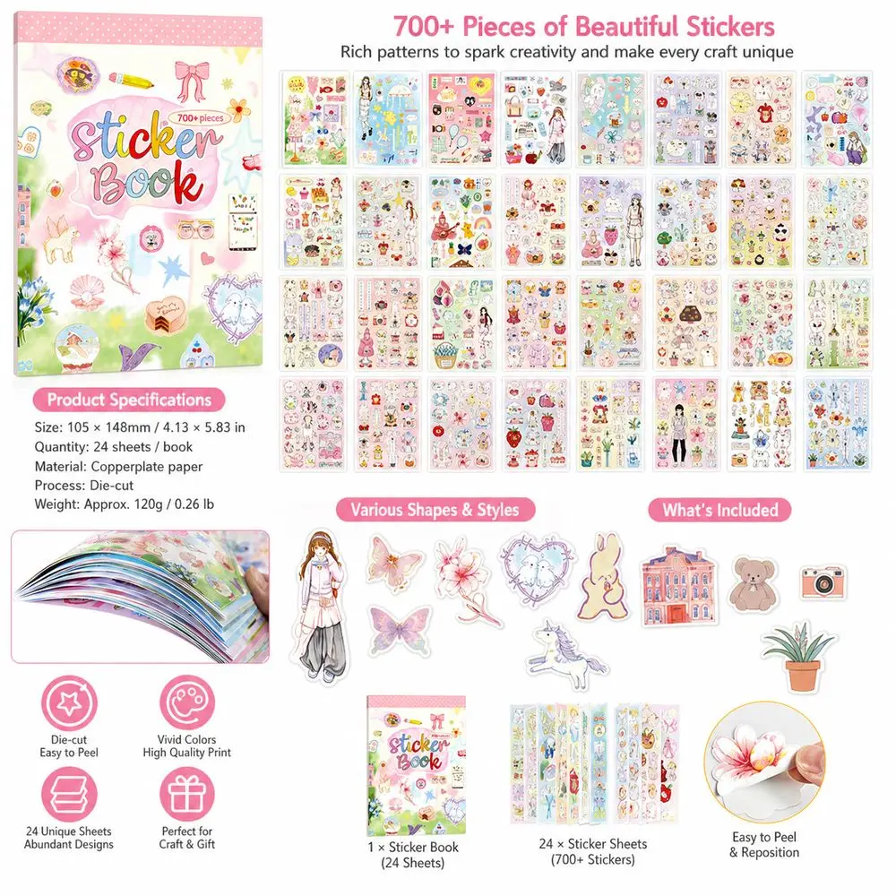 Art Paper Die Cut Sticker Book Die Cut Self Adhesive Decorative Sticker Book Colorful Prints Cute Cartoon Scrapbook Stickers