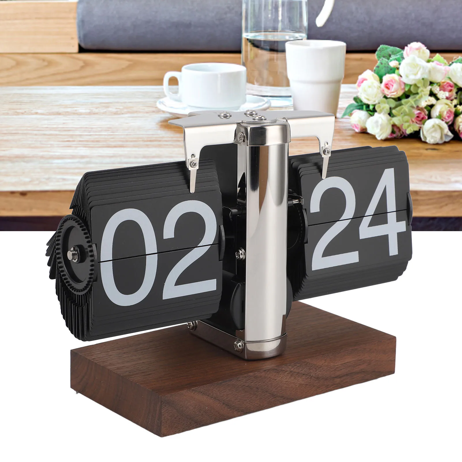 24H Wood Base Stainless Steel Vintage Retro Digital Table Clock for Home Office Flip Desk Clock Auto Mechanical Flip