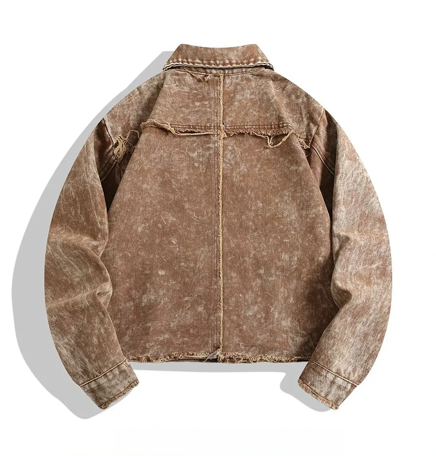 Men's Amercian Retro Style Washed Denim Jacket with Raw Edges Casual Loose Button Up Streetwear Coat for Spring and Autumn
