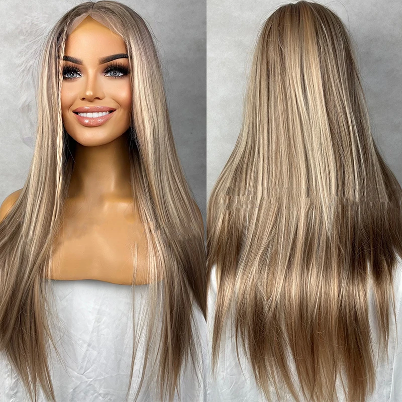 Premium Quality Synthetic Fibers Mixed Human Hair 28' Long Blonde Brown Wig Balayage Highlights Straight Lace Front Wig Cosplay