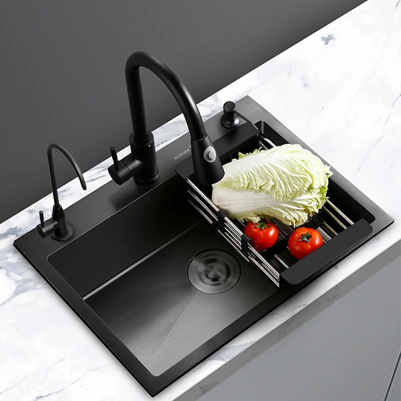 

Nano Stainless Steel Kitchen Sink Matte Square Accessories High-Quality vegetable washing basin single bowl sink kitchen